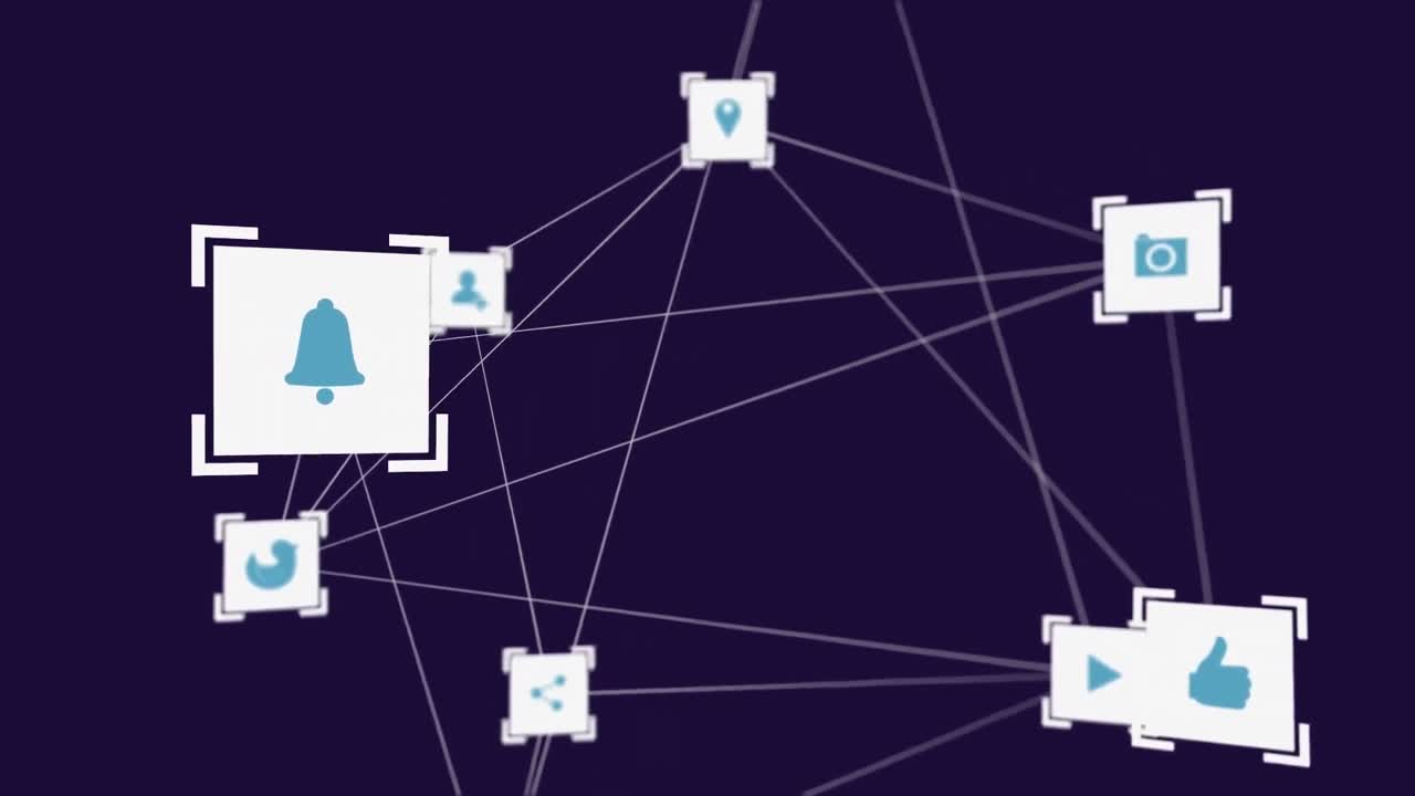 animación de una red de iconos digitales contra un fondo azul