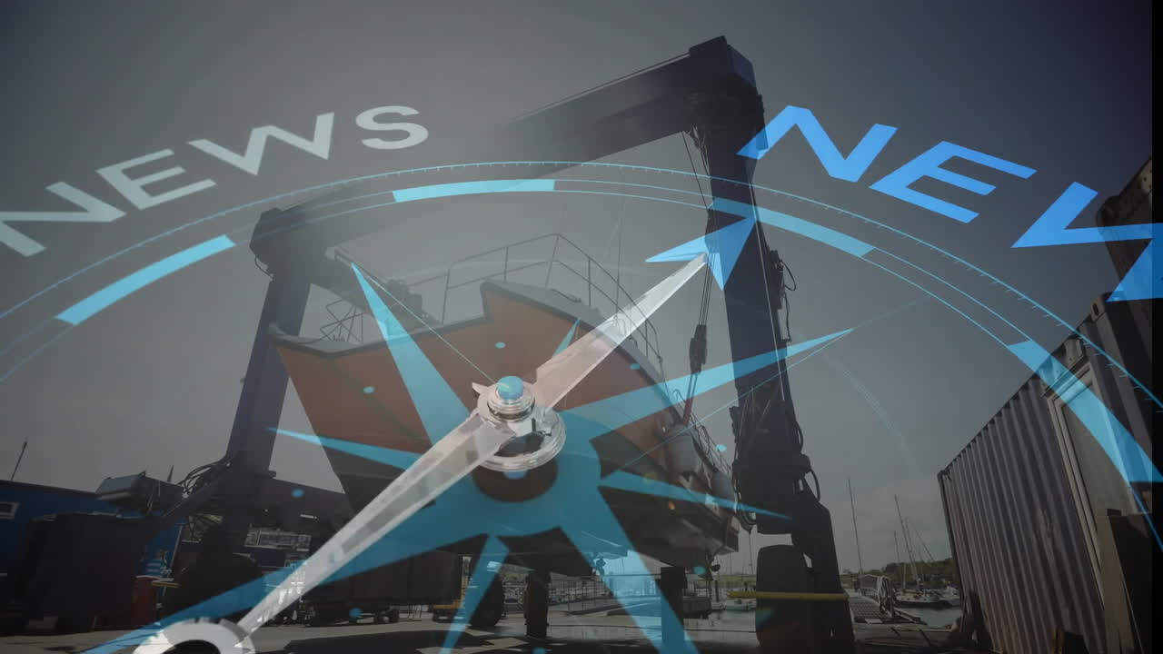 Animation of compass with news tex over shipyard