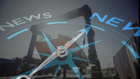 animation of compass with news tex over shipyard