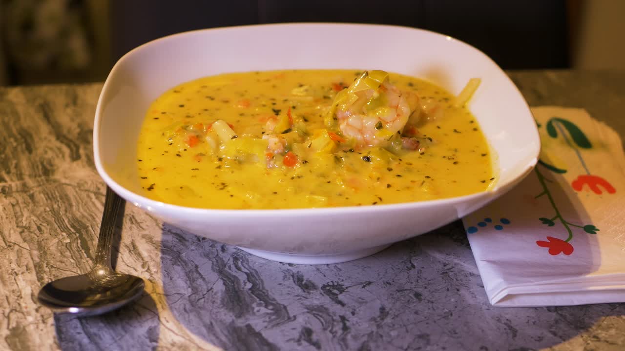 verter sopa de pescado salado picante gambas atlánticas caseras closeup