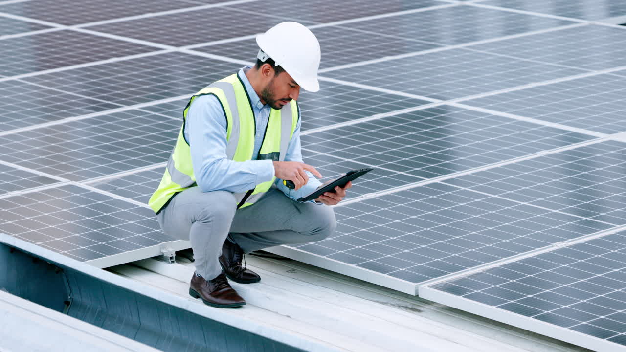 joven ingeniero o contratista inspeccionando la energía solar