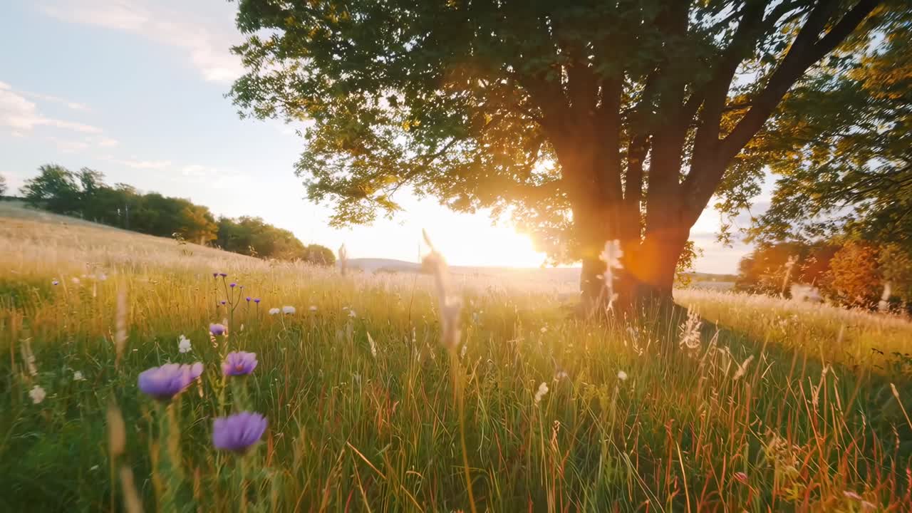 Low-angle video of a sunlit meadow with wildflowers and a large tree, capturing a serene nature