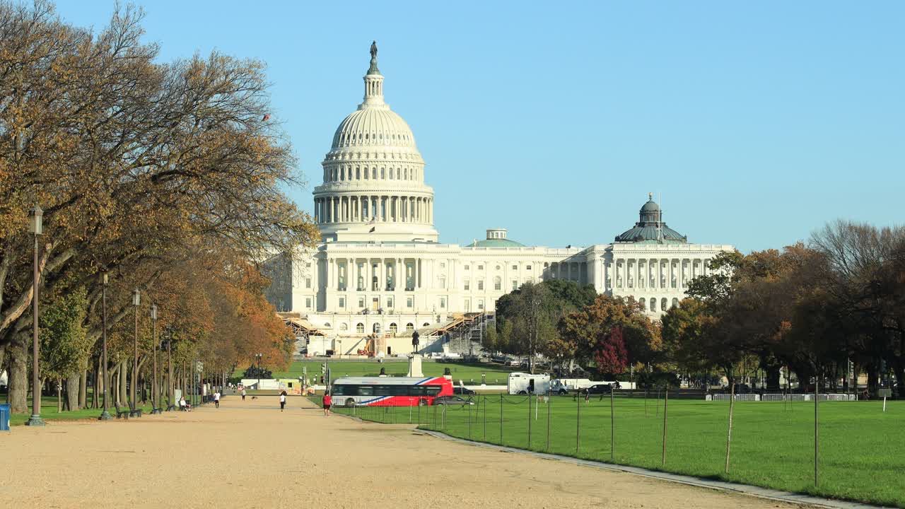 Wide shot showing lighting grass field,sidewalk,tree avenue and capitol building of Washington Dc in background