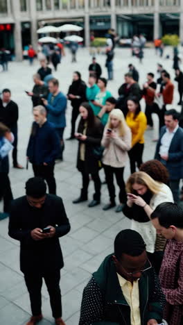 a group of people in an urban setting, with a focus on an older man using a smartphone