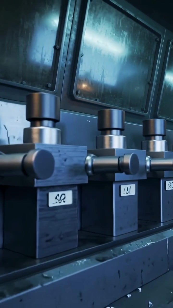 Vertical video: Panning camera revealing clamps in machine shop with coolant trough, labels