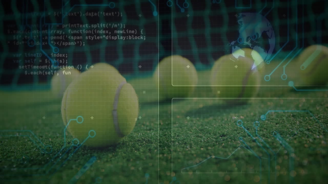 Tennis balls floating over green court grid featuring net, circuit lines, icons and digital globe