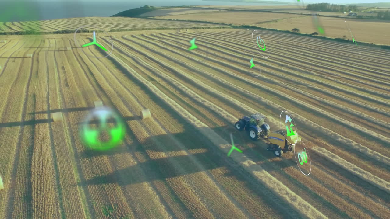 iconas de tecnología agrícola animación sobre tractor trabajando en el campo cosechado