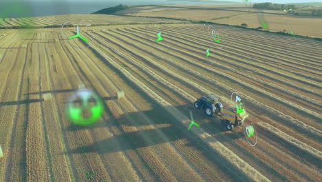 agricultural technology icons animation over tractor working in harvested field