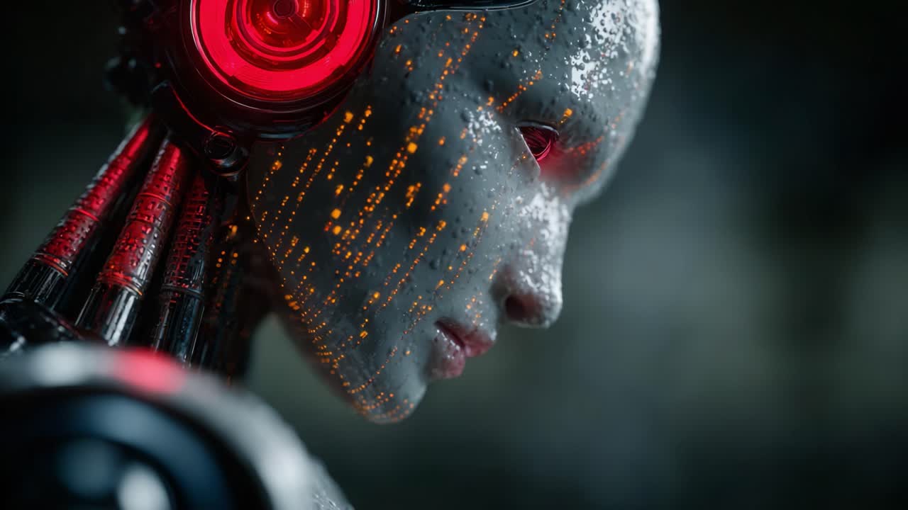 En futuristisk cyborg, der viser avanceret teknologi med LED-funktioner, og som fremviser indviklede mønstre og en slående æstetik, der blander organiske og mekaniske elementer.