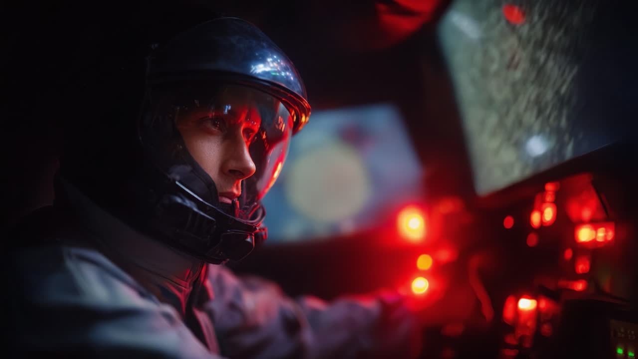 Intense Focus of a Spaceship Pilot Navigating Through Dark Space with Control Panels Glowing Red and Complex Displays in the Background