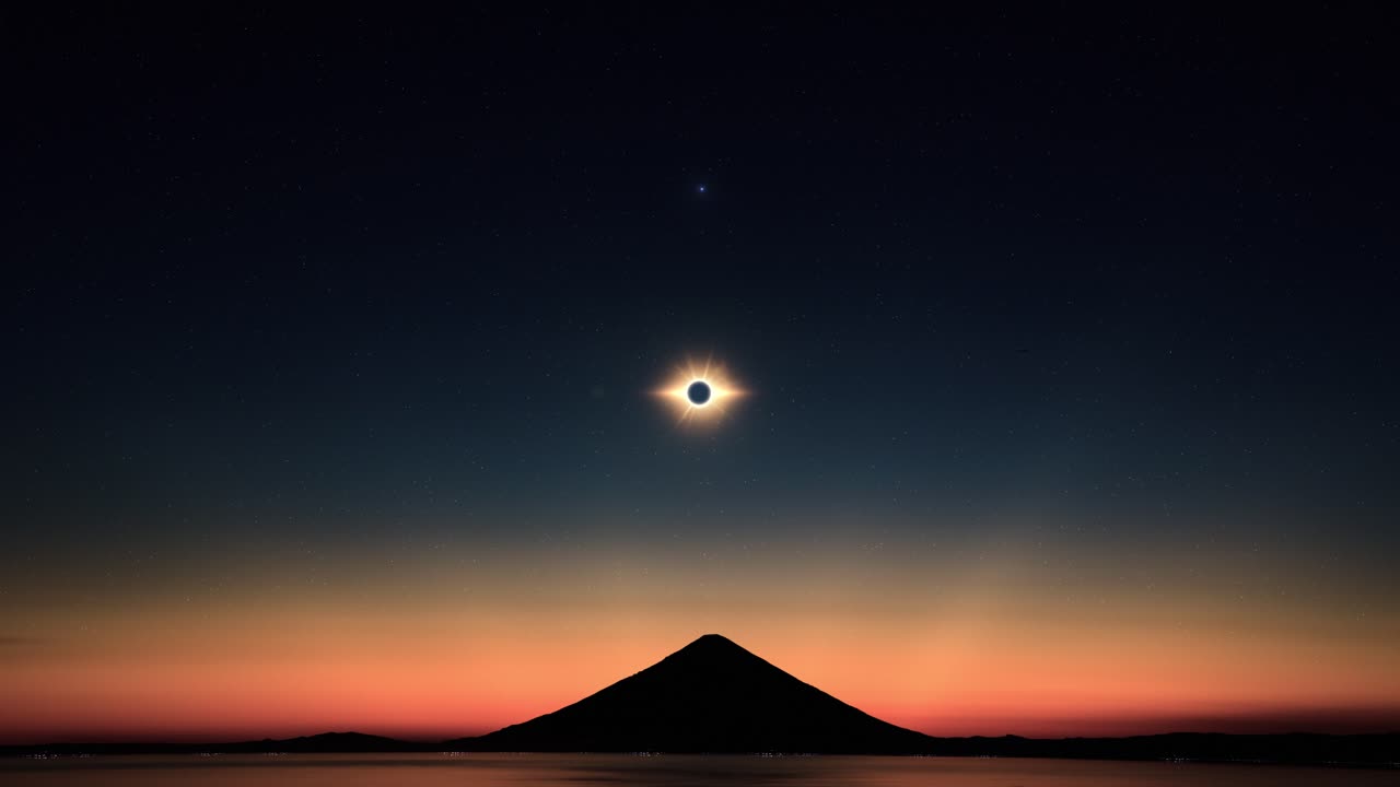 Solar elipse and moment of totality above solitude mountain peak, wide angle blue hour