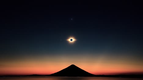 solar elipse and moment of totality above solitude mountain peak, wide angle blue hour