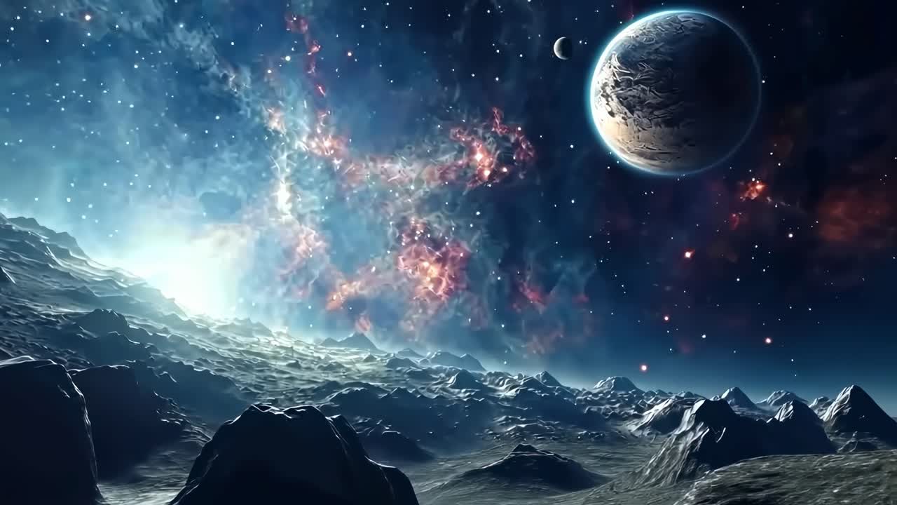 A cinematic video of a cosmic landscape with rugged mountains under a starry sky