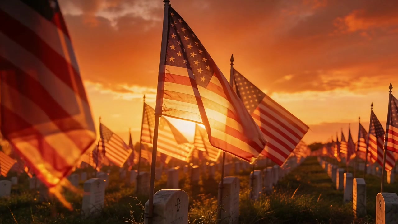 Shifting camera centering US flag backlit by low sun in cemetery, breeze fluttering flags, honoring