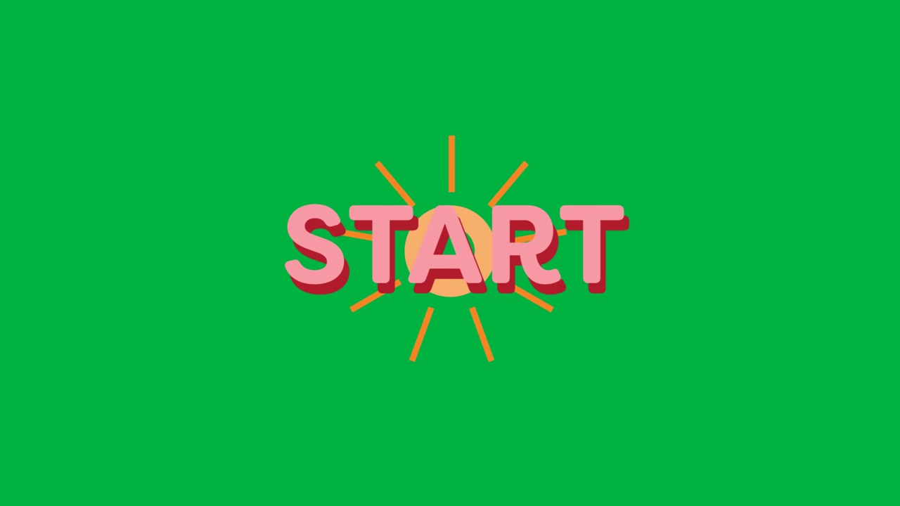 Animazione del testo "start" in lettere rosse con forme astratte su sfondo bianco.