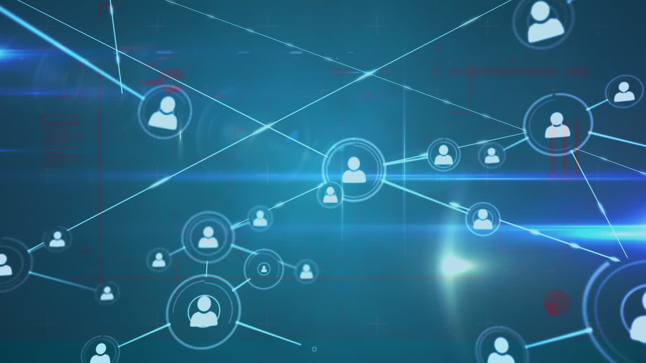 Digital animation of network of profile icons over spot of light against blue background