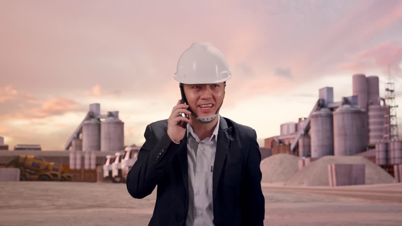 Vista frontal de un empresario asiático hablando por smartphone mientras camina por una planta de cemento industrial con el atardecer