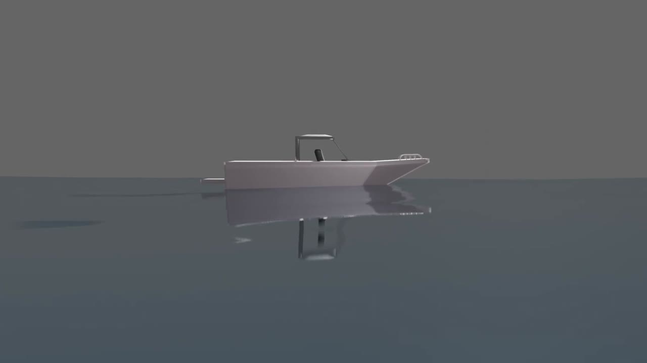 3D modeling art of a silver speedboat anchored in a very calm sea.