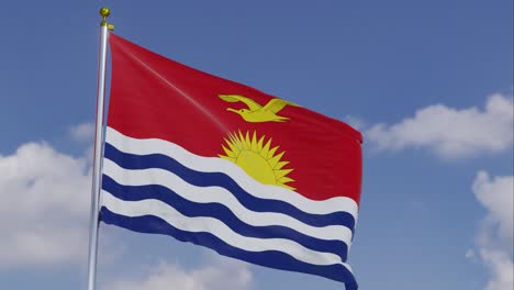 Flagge-Von-Kiribati-Bewegt-Sich-Im-Wind-Mit-Einem-Klaren-Blauen-Himmel-Im-Hintergrund,-Wolken-Bewegen-Sich-Langsam,-Fahnenmast,-Zeitlupe