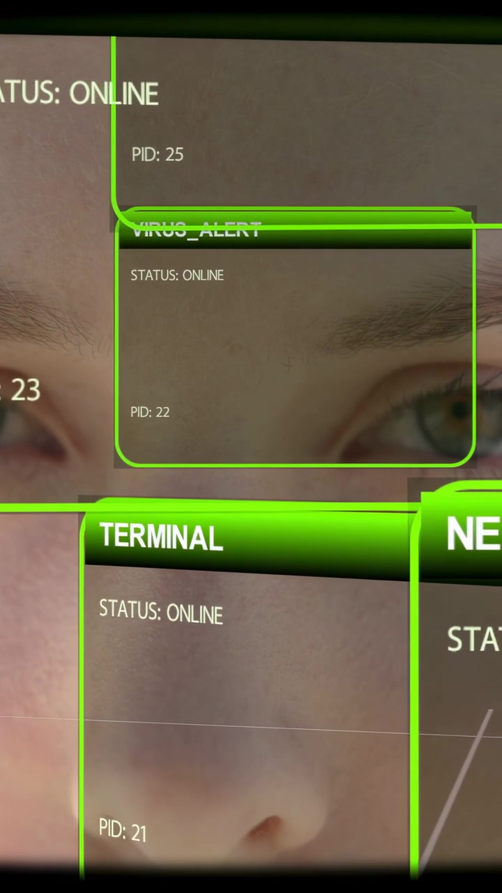 Video verticale: Donna che apre gli occhi mentre pannelli HUD scorrono, attivando un'allerta cyber e lo STATO online.