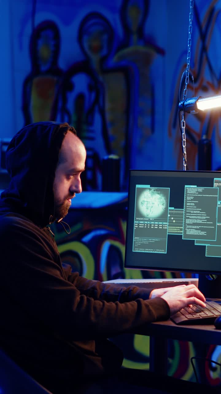 Vertical video Skilled hacker deploying malware on unaware victims computers