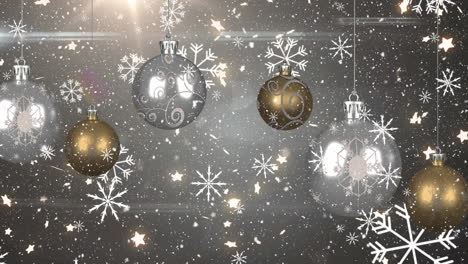 Animation-of-snow-falling-over-christmas-baubles