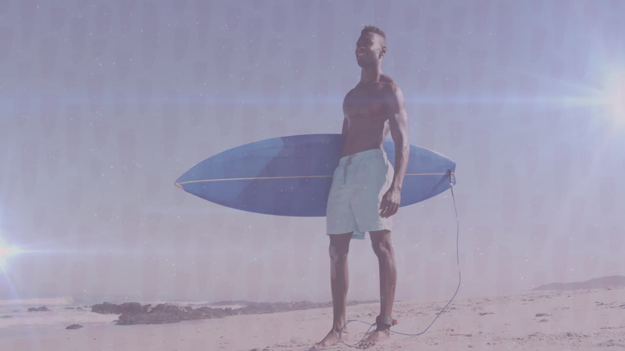 Male surfer holding surfboard on sandy beach, featuring animated wave graph for tech presentation