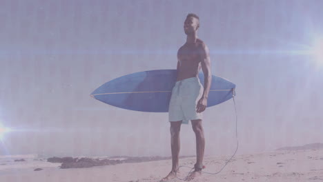 male surfer holding surfboard on sandy beach, featuring animated wave graph for tech presentation