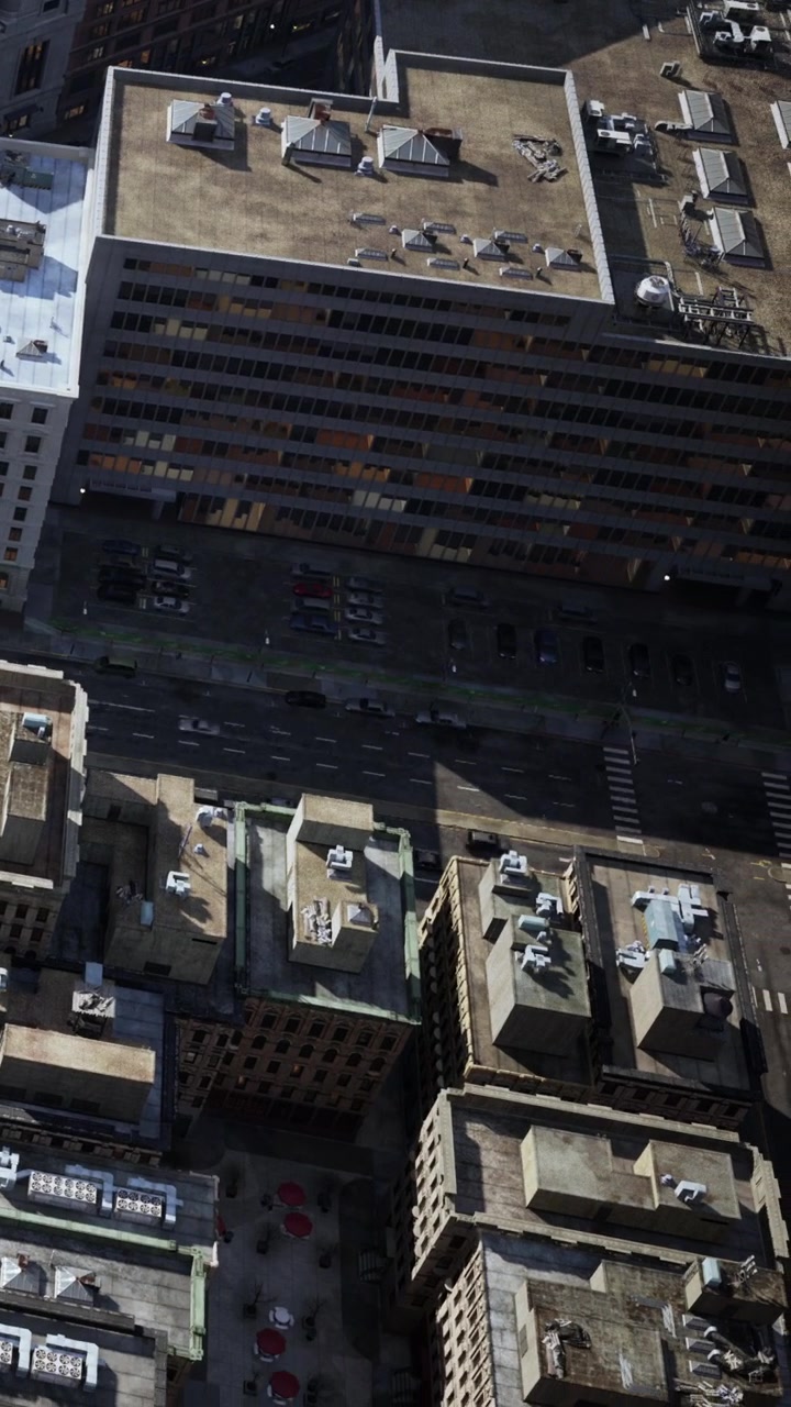 Vista aérea de edifícios e ruas num cenário urbano durante o dia.