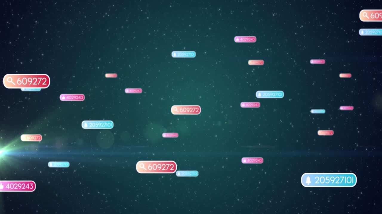 밤하늘의 다채로운 배너에 있는 소셜 미디어 아이콘과 숫자 위의 커서의 애니메이션