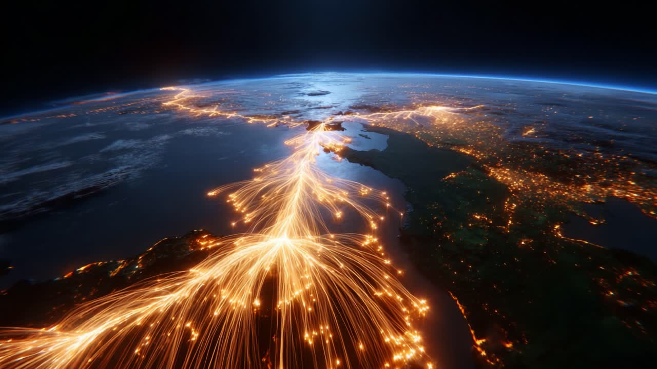 A Stunning Aerial View of Earth Showcasing Radiant Light Trails Illuminating the Night Sky Over Land and Water, Capturing the Connectivity and Interconnectedness of Urban Areas from Space