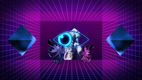 Animation of shapes moving and eye over sculpture and leaves on black background