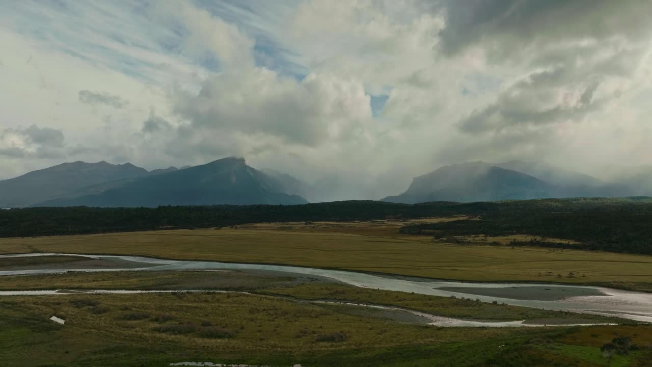 Stormy weather over Eglinton River, New Zealand landscape, moody feel