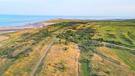 discover the idyllic charm of a golden hour coastal scene through breathtaking aerial drone footage: estuary, sandbanks, ocean, and marshlands