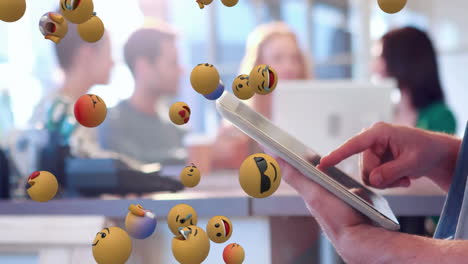 iconos de emoji con un hombre usando una tableta en el fondo 4k