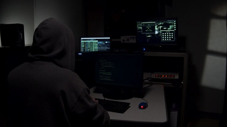 Hacker informatico che digita codice.