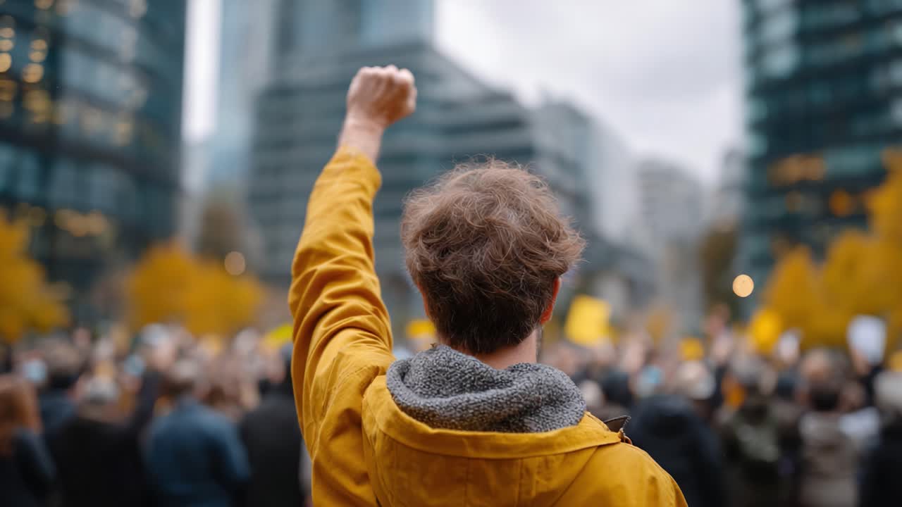 En engasjert demonstrant løfter knyttneven i solidaritet under en protest, omgitt av en mangfoldig folkemengde som kjemper for sosial endring og rettferdighet i et urbant miljø