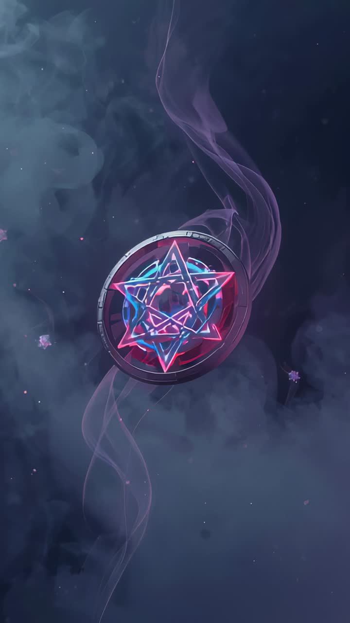 Vertical video: Emerging medallion activating neon star pulsing and smoke rising in dark nebula