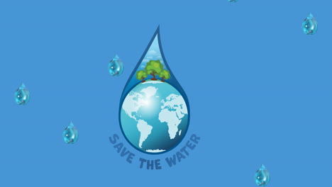 animation of save the water text, with globe and trees inside falling droplets on blue