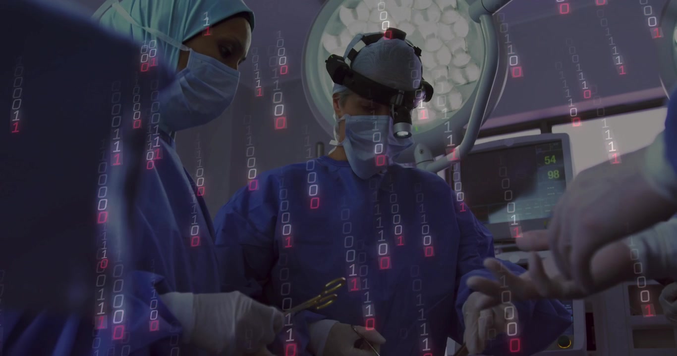 Masked surgeons picking forceps and clamps, initiating binary overlay for monitoring vitals