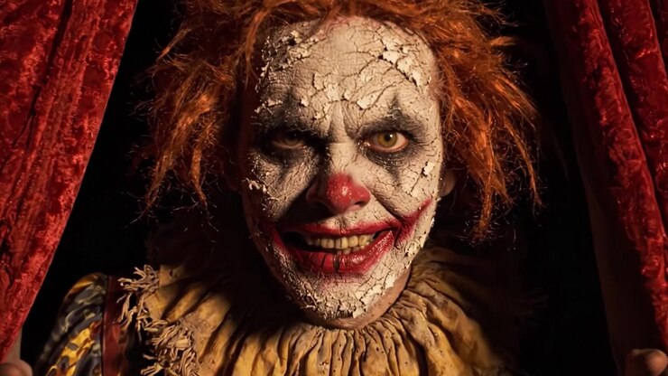 Un clown terrificante emerge dalle ombre dietro tende di velluto, mostrando un sorriso inquietante e lineamenti distorti in un'atmosfera agghiacciante di paura e attesa.