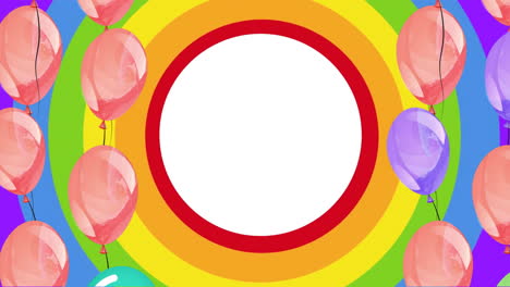 animação de um coração arco-íris em círculo vermelho e branco e balões coloridos em fundo arco-íris