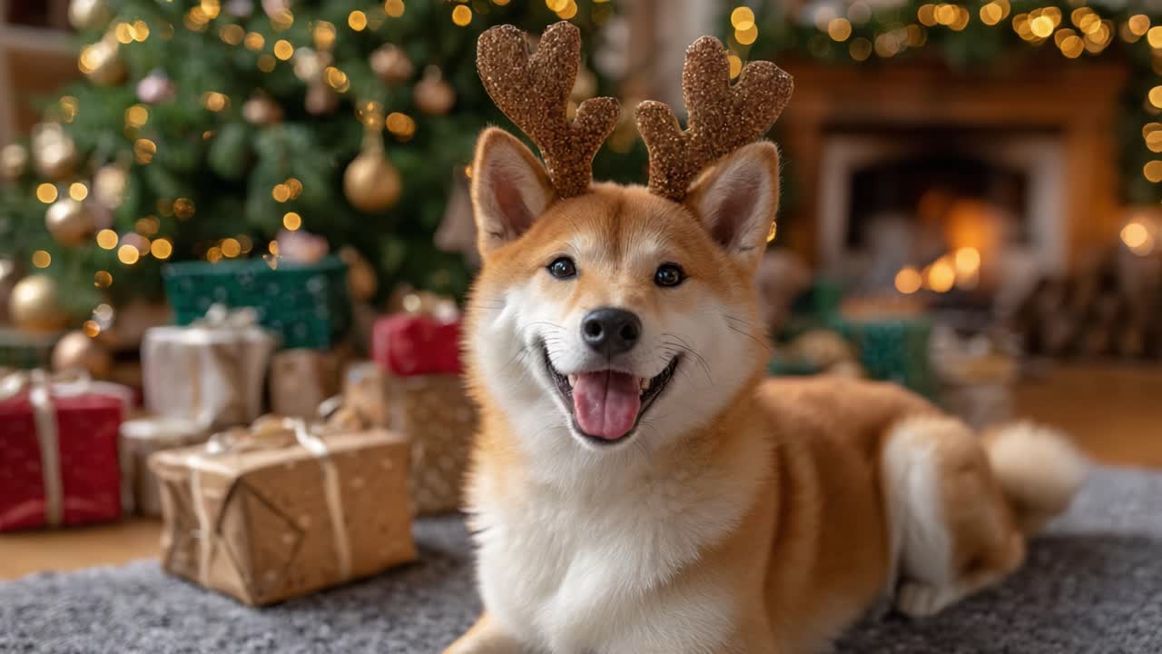Joyful Shiba Inu in Christmas Antlers Surrounded by Festive Gifts and Twinkling Lights, Embracing the Holiday Spirit in a Warm and Cheerful Setting