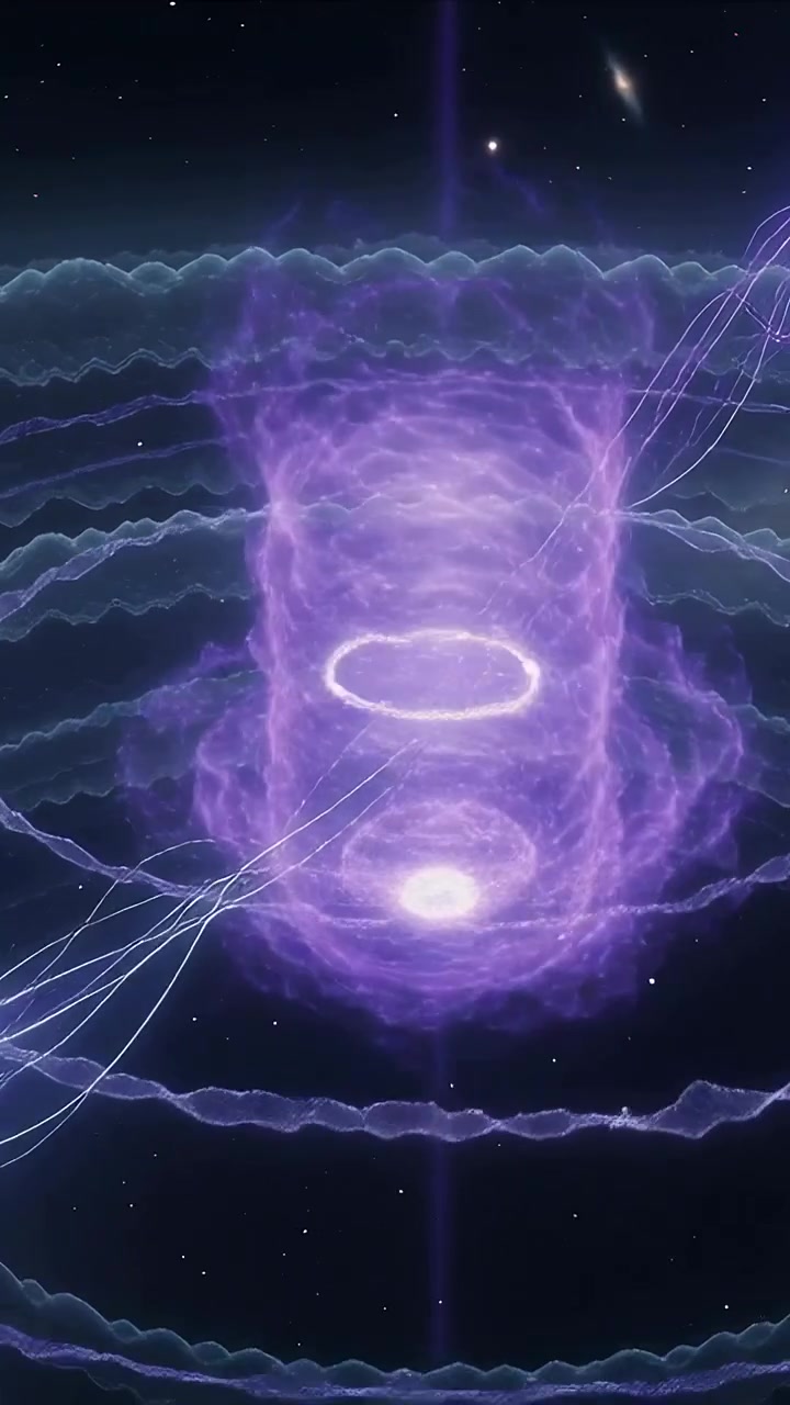 Video verticale: Reazione al filamento in alto a destra, vortice di energia viola che alimenta il nucleo energetico nello spazio