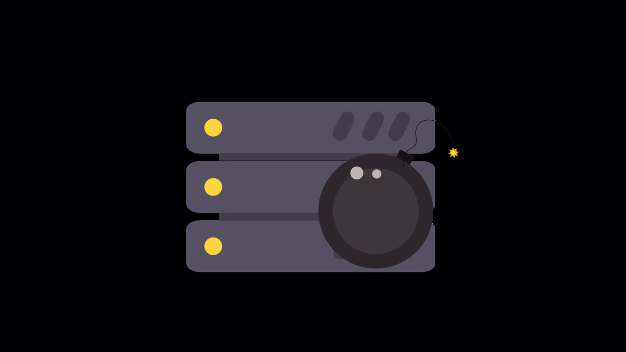 Animated Server Racks with Bomb Icon Signaling System Failure