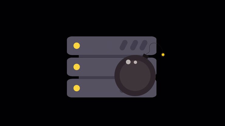 Animated Server Racks with Bomb Icon Signaling System Failure