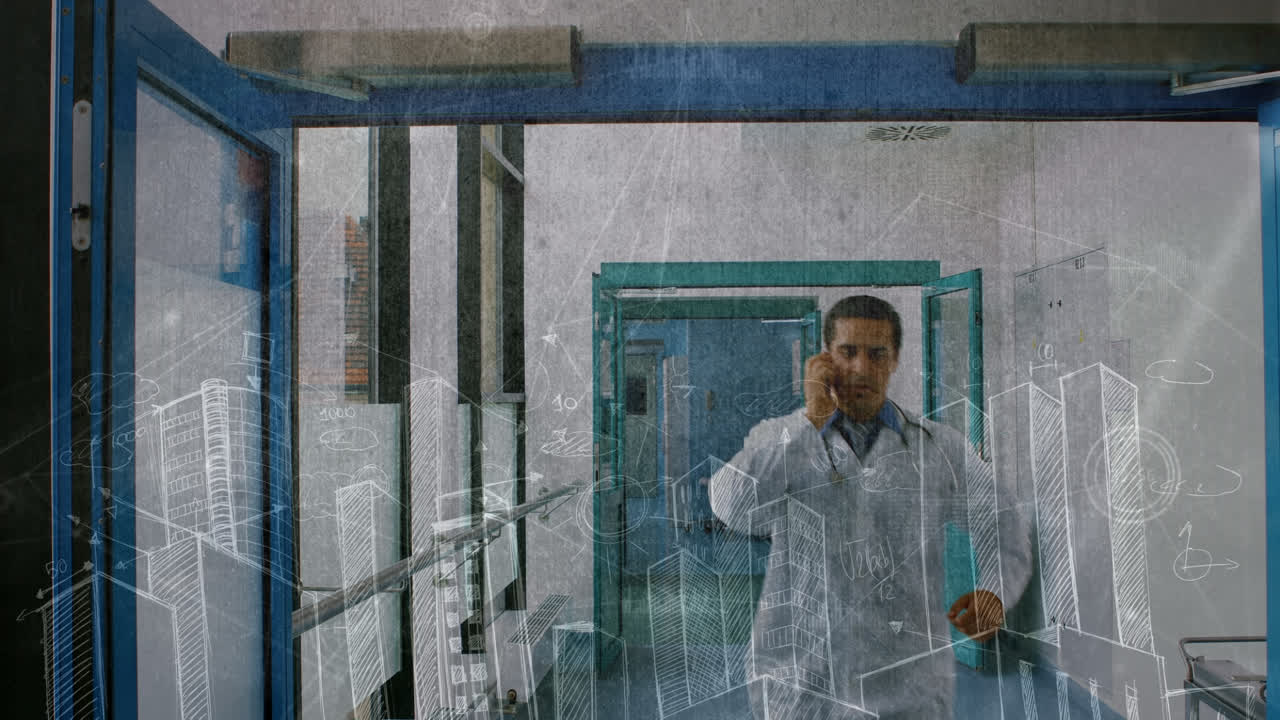 animación de las conexiones de red a través de un médico caucásico usando un teléfono inteligente