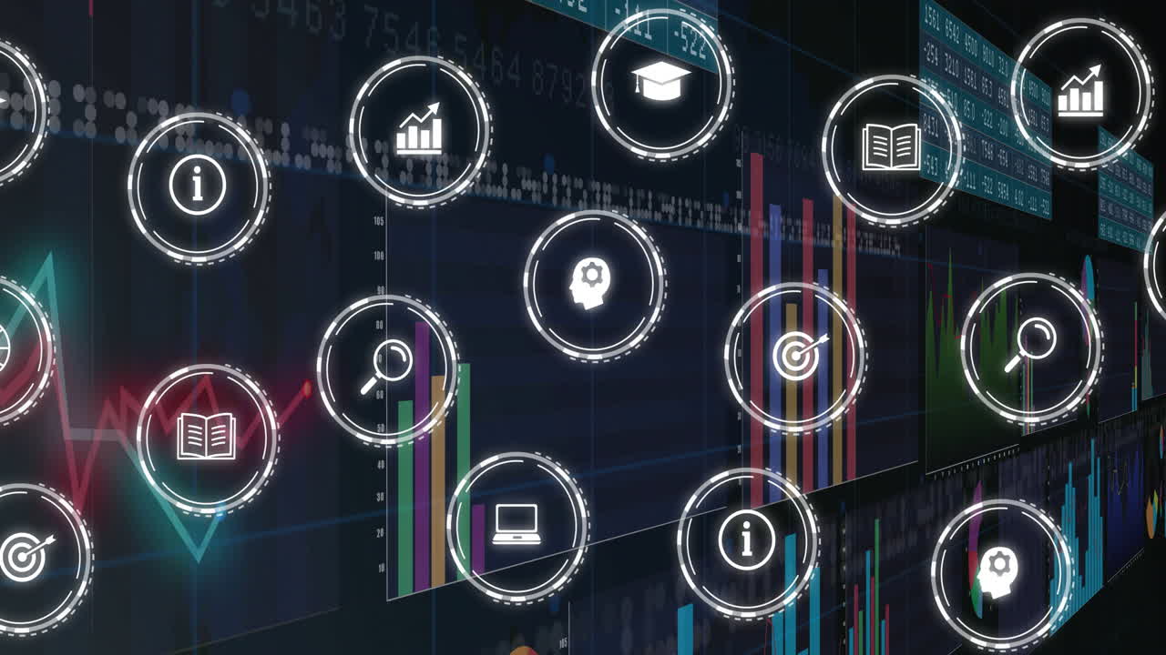 Animazione di icone aziendali e analisi dei dati su grafici e diagrammi finanziari