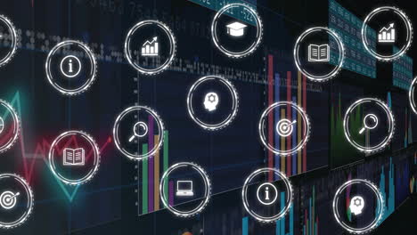 business icons and data analytics animation over financial charts and graphs