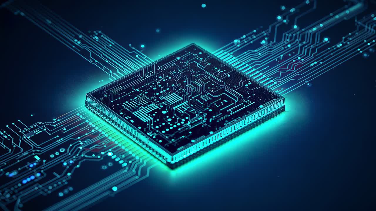 Starting with top-down processor chip pulsing along teal circuit traces while camera tilting